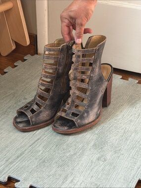 BED|STU Distressed Brown Strappy Peep-Toe Block Heel Boots